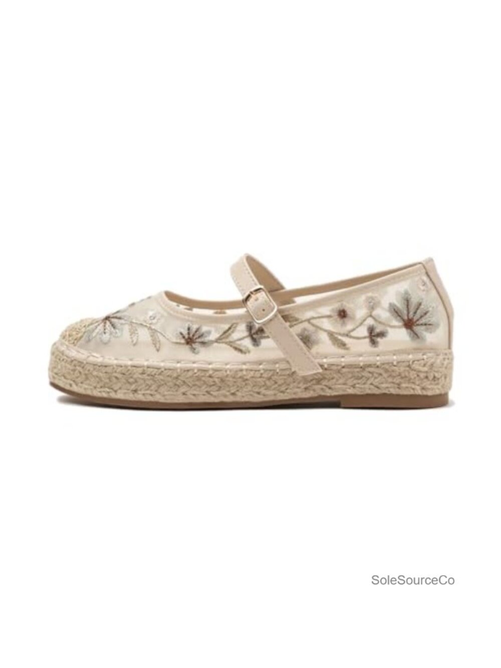 Women's Mesh Floral Embroidered Mary Jane Espadrille Platform Flats, Buckle